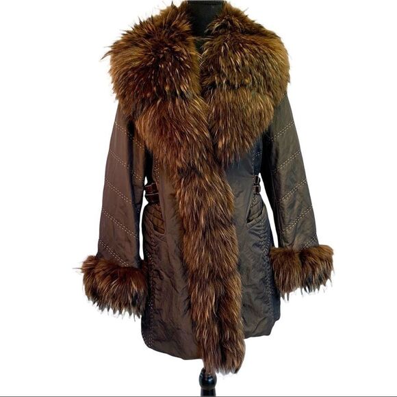 EVOLUZIONE by Rosa Mori brown winter puffer coat with Racoon trim collar/cuffs M - Picture 14 of 14